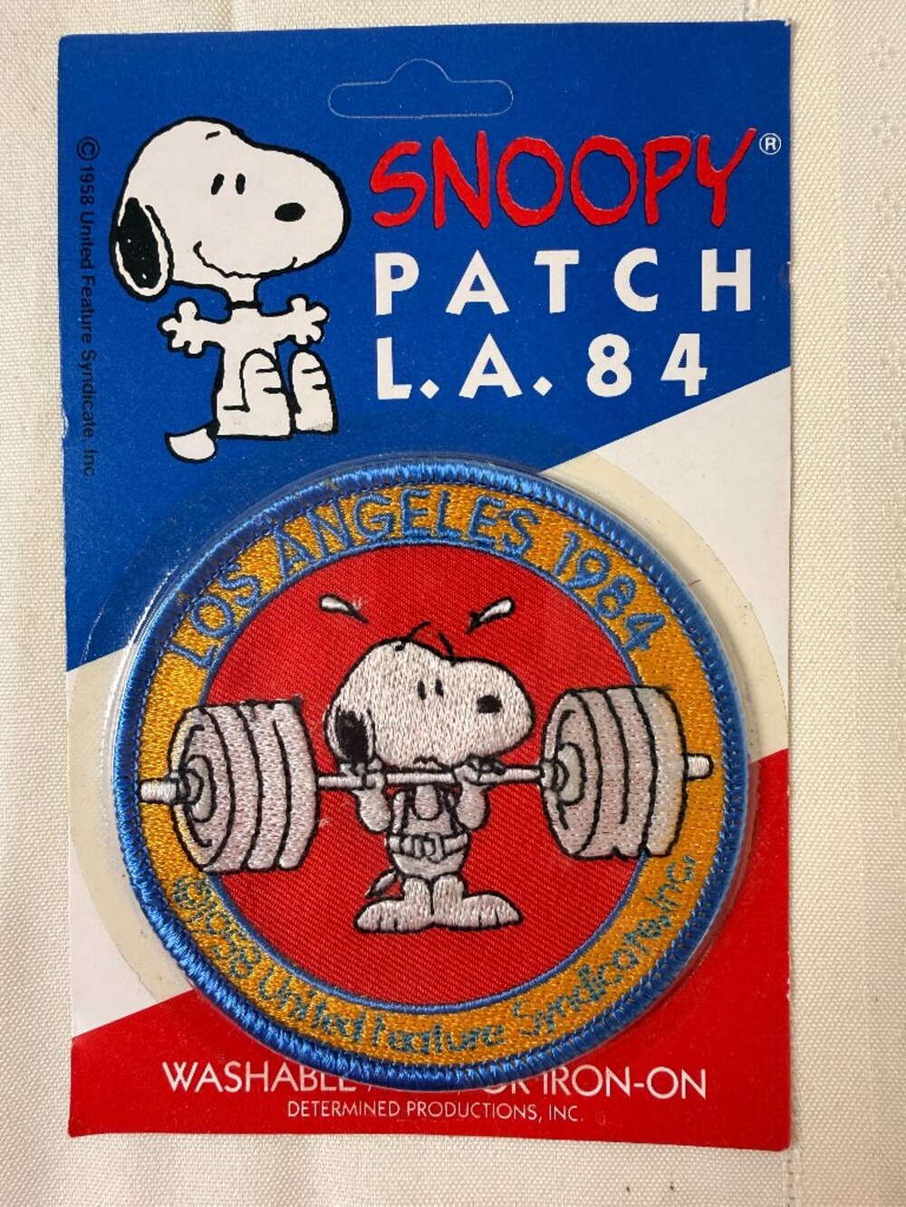 Vintage 1984 Snoopy Peanuts Weightlifter Iron Sew-on Patch Los Angeles Olympics